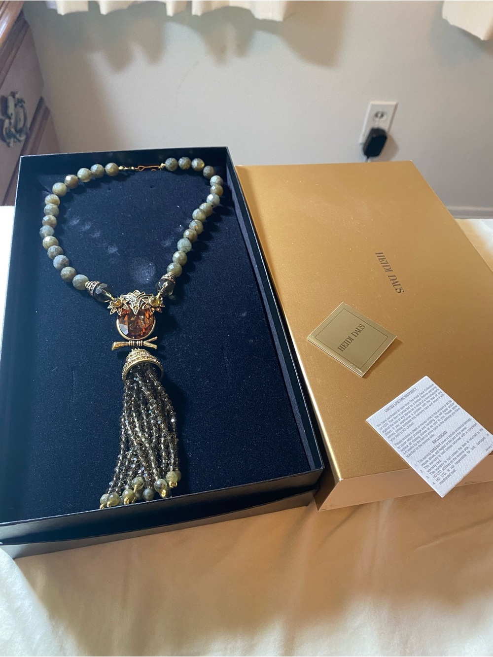 Heidi Daus Owl on a branch beaded necklace amber crystal NRFB
